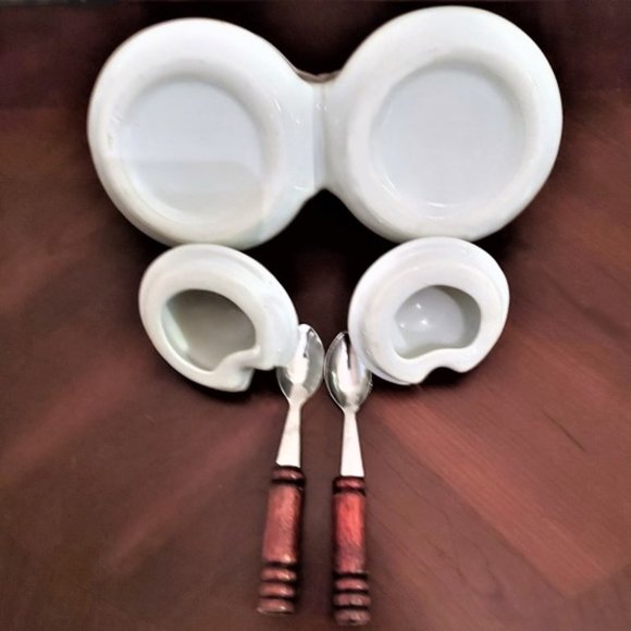 VINTAGE HH Houston Harvest White Porcelain Double Lidded Condiment Server - Picture 4 of 4